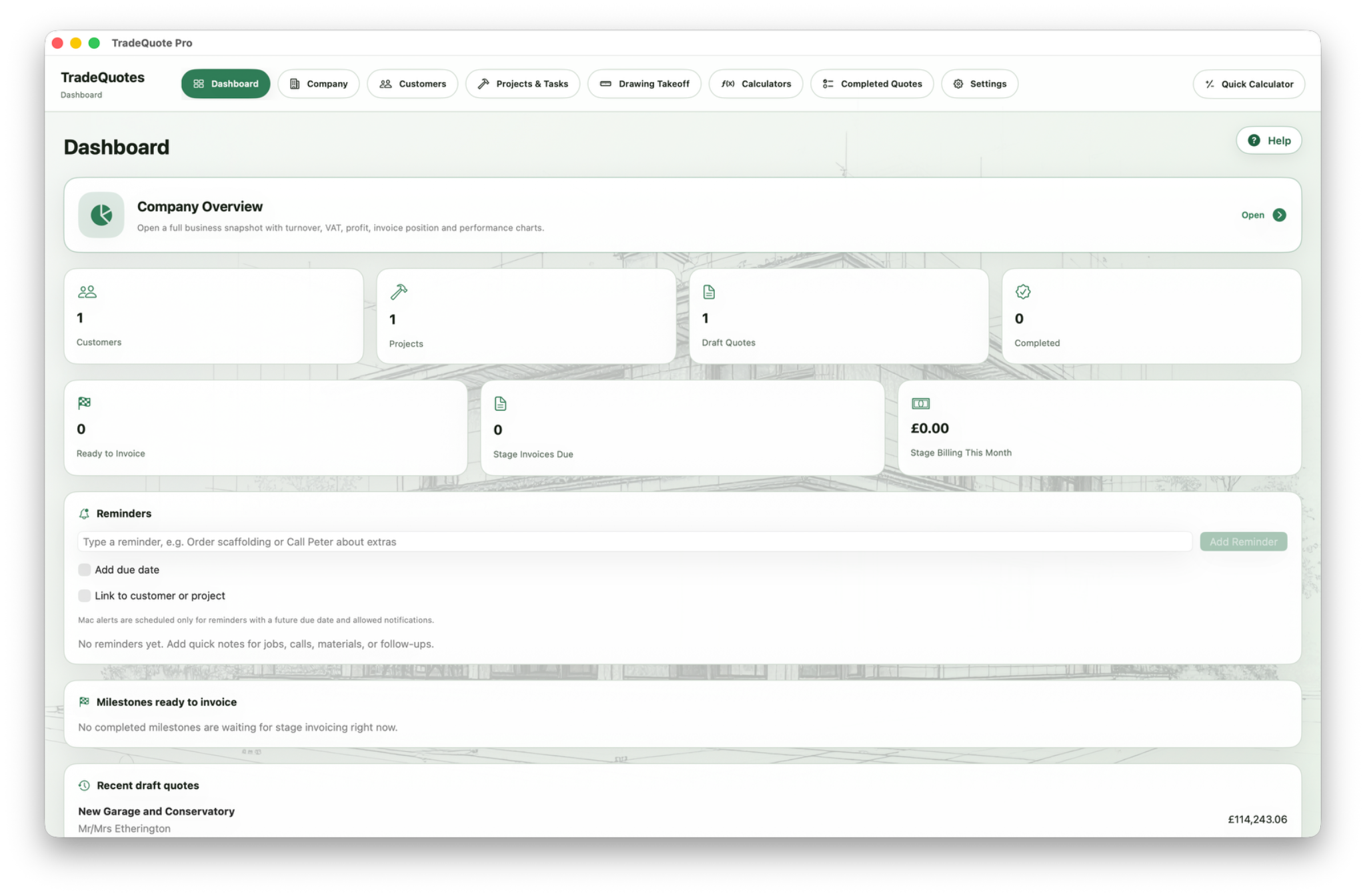 TradeQuote Pro Dashboard screenshot