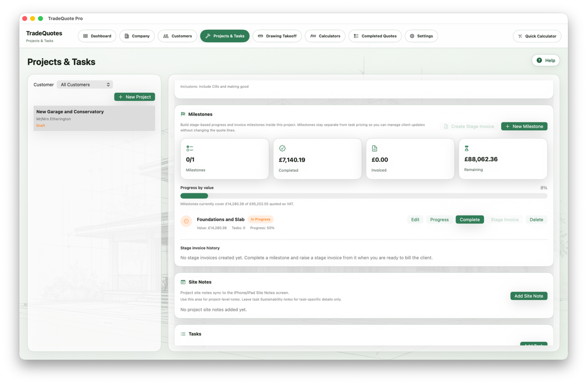 TradeQuote Pro Projects & Tasks screenshot