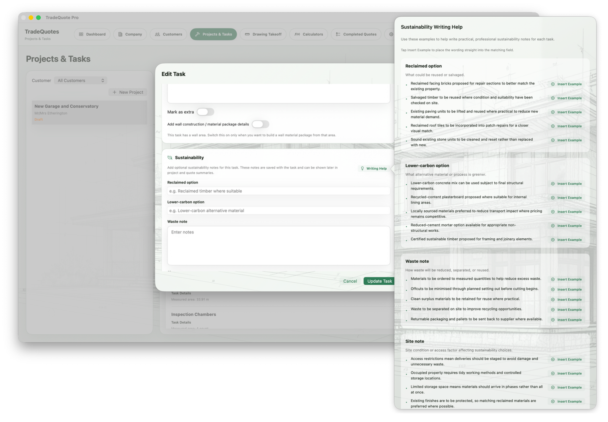 TradeQuote Pro Sustainability Writing Help screenshot